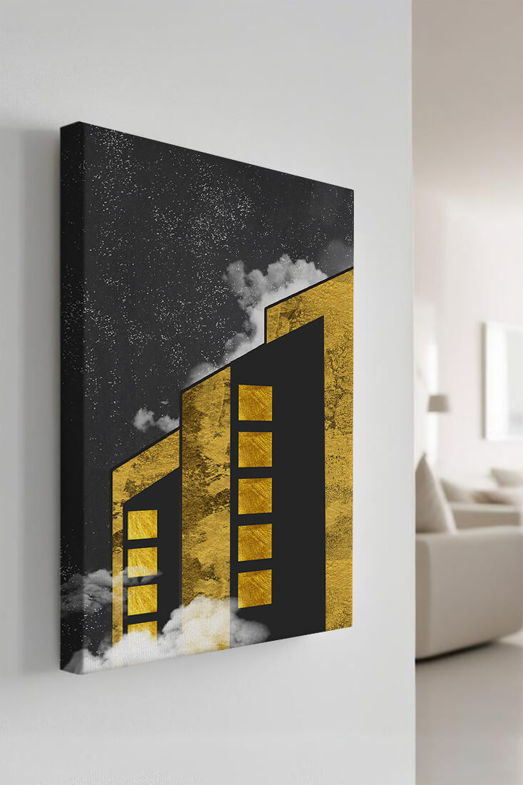 Artistic architectural illustration with golden elements and night sky