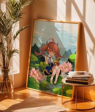 Chica de anime sentada en hojas de lirio con montañas al fondo