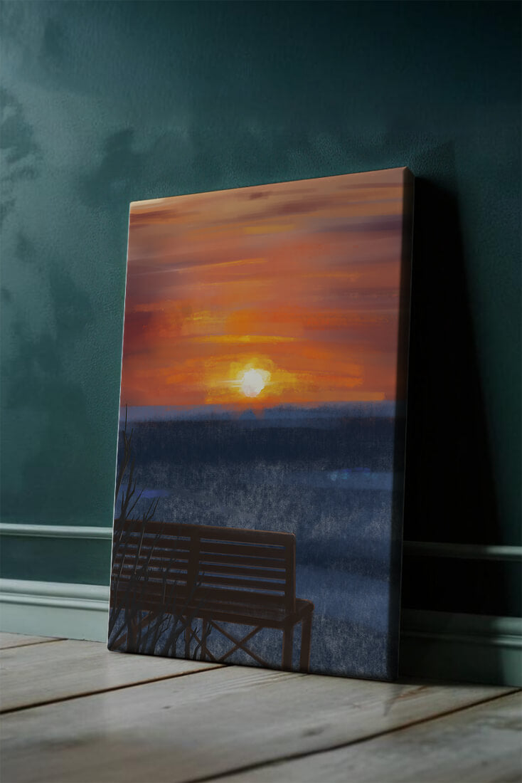 Serene Sunset Overlooking the Ocean with a Wooden Bench