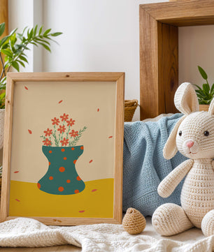 Floral Illustration with Polka Dot Vase on Colorful Background - Mi tienda
