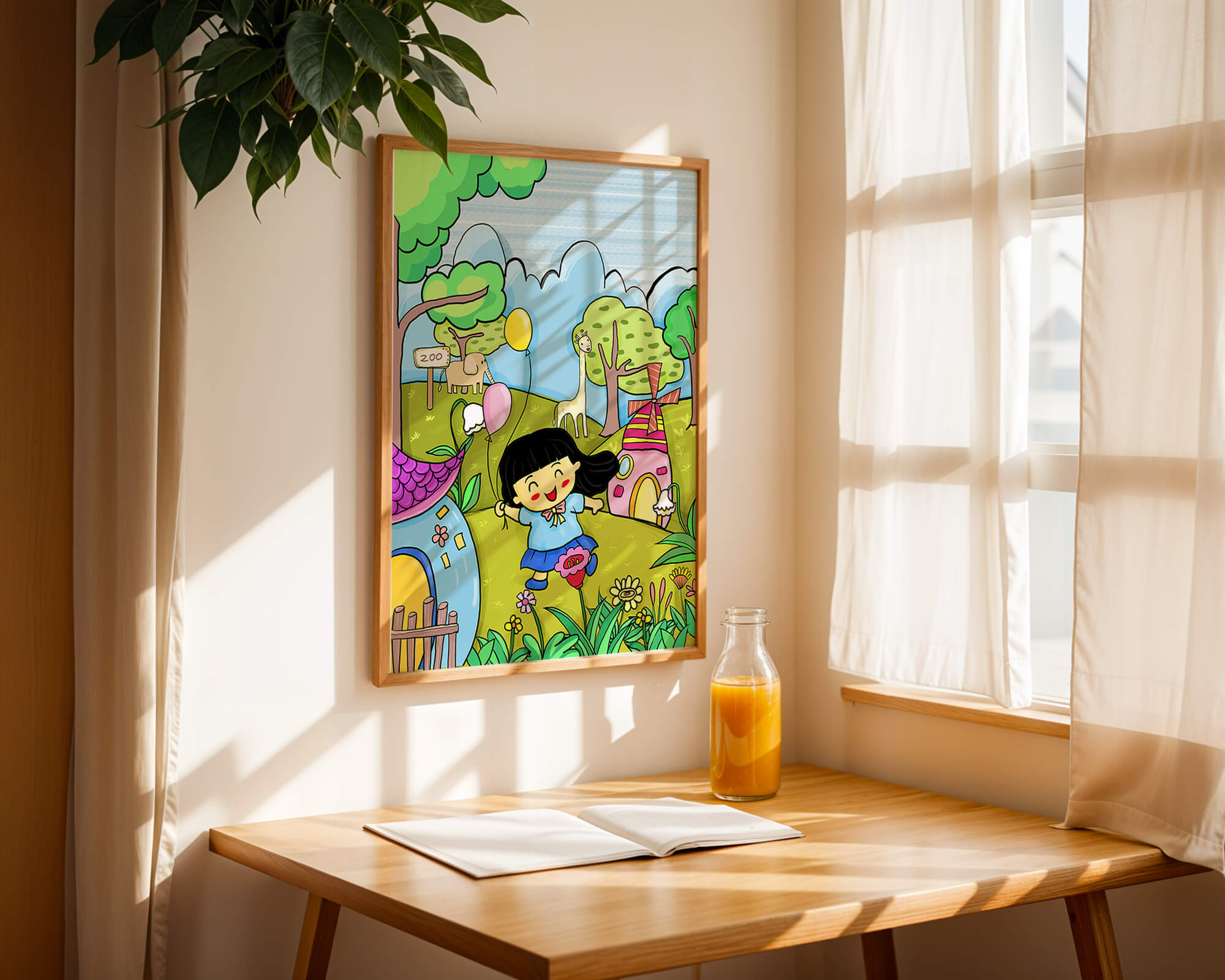 Colorful children's illustration of a joyful zoo visit with animals