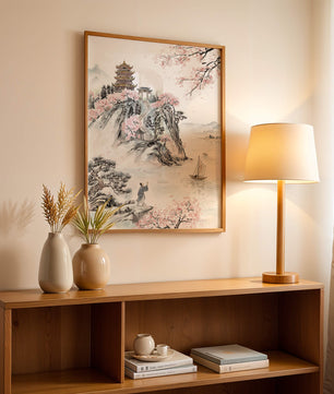 Tranquil Landscape with Cherry Blossoms and Traditional Pagoda