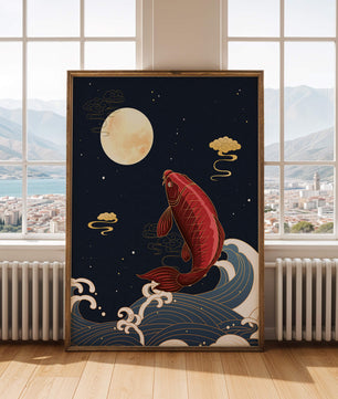 Ilustración artística de peces koi saltando sobre las olas bajo la luz de la luna