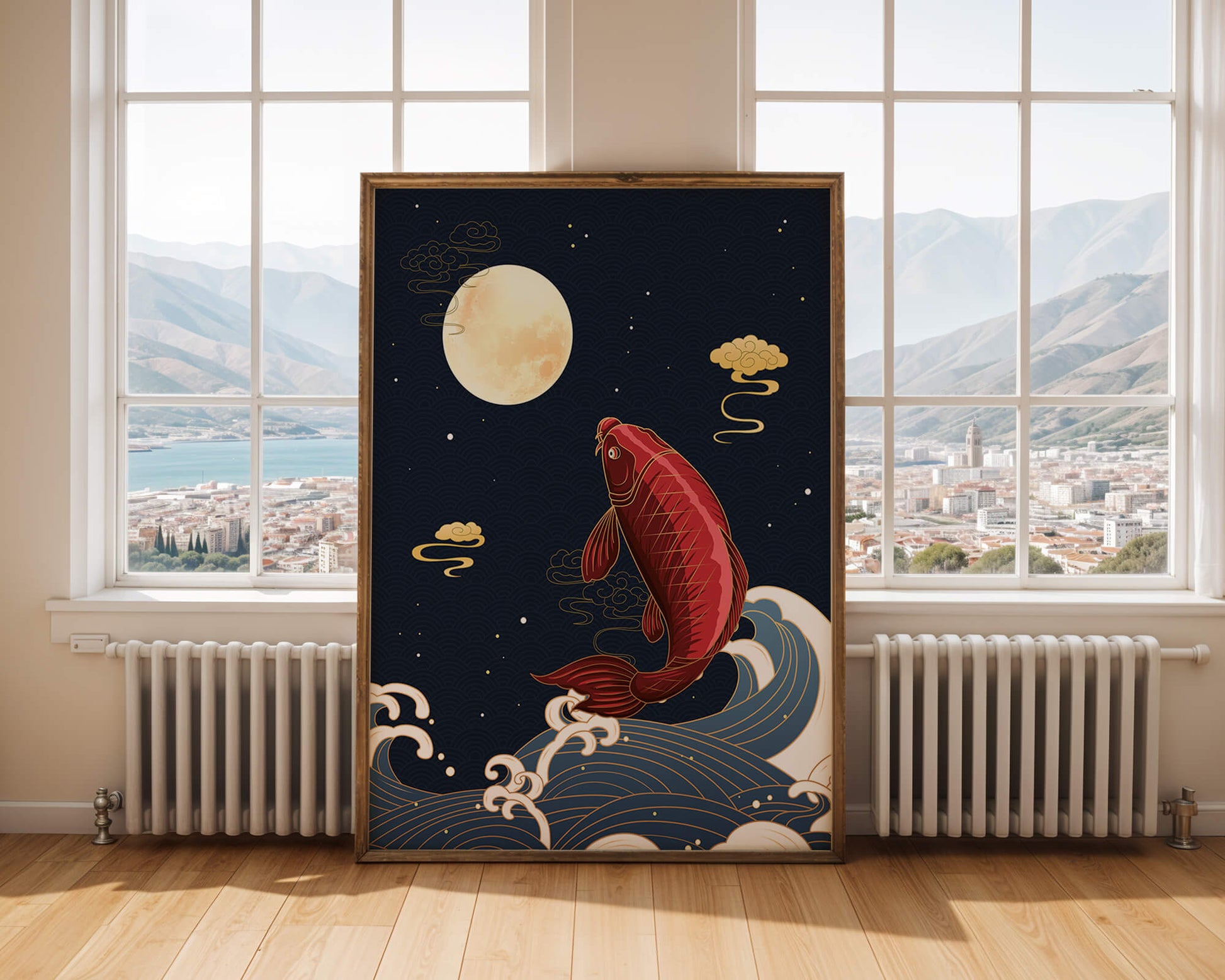 Artistic illustration of koi fish jumping over waves under moonlight