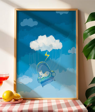 Gato soñador en un sillón flotante en un cielo nublado surrealista