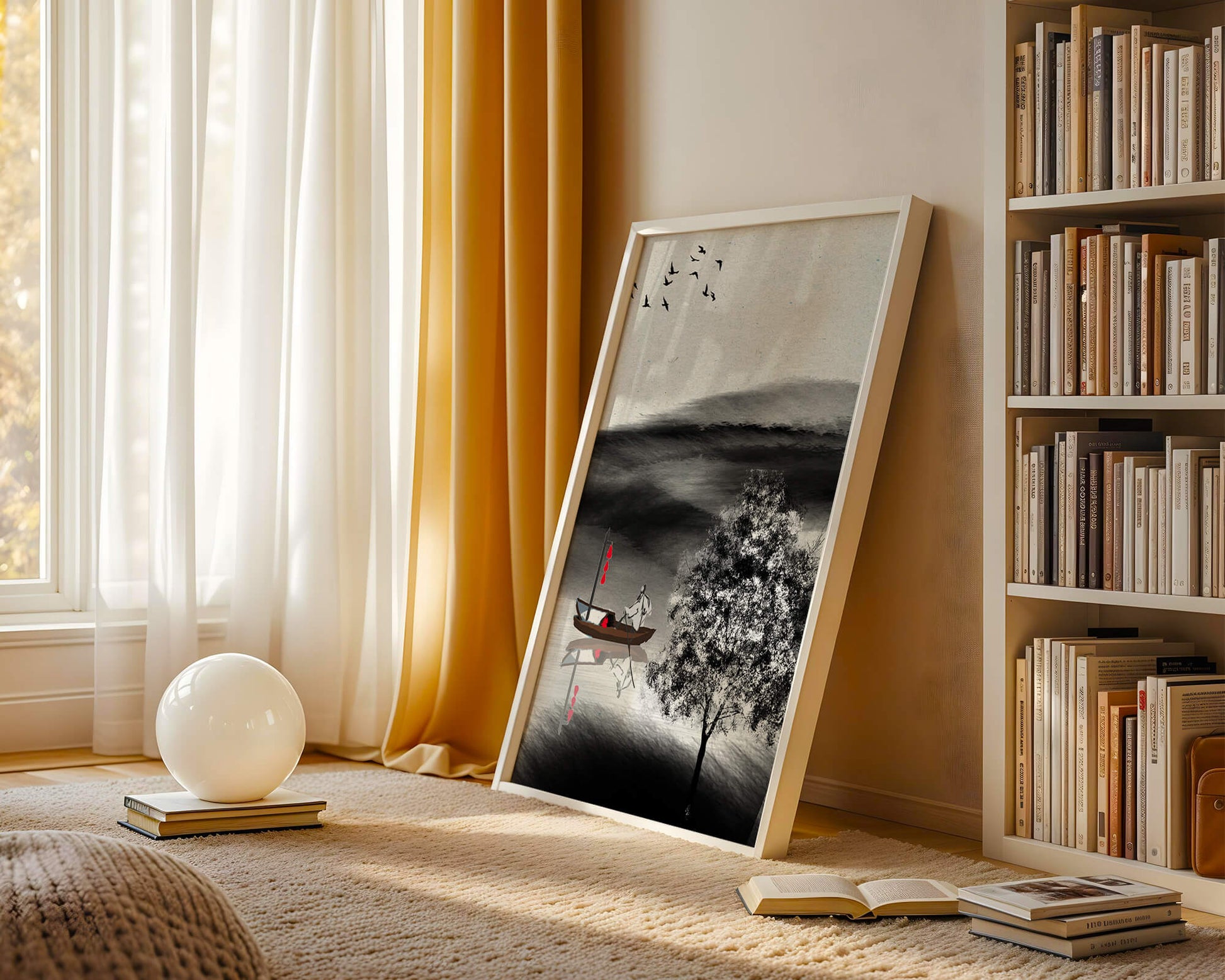 Tranquilo viaje en barco en un paisaje sereno con pájaros y árbol