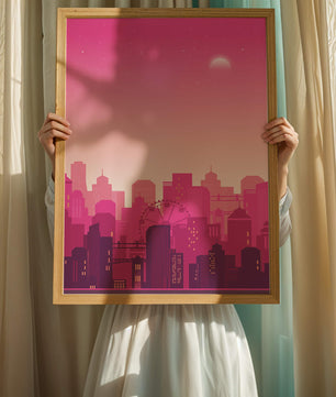 Skyline urbano al anochecer con degradado rosa y noria