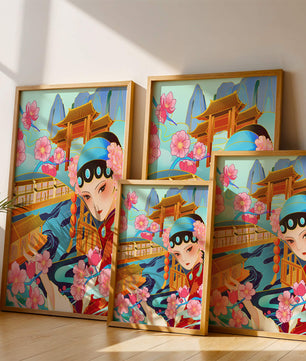 Traditional Asian art with cherry blossoms and architecture