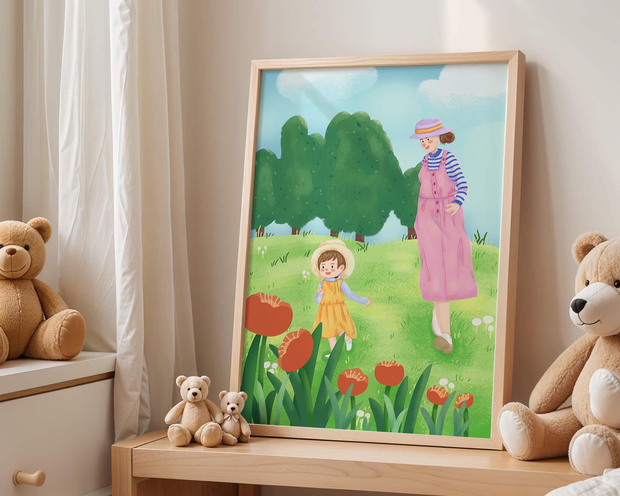 Mother and child in a floral garden under clear skies