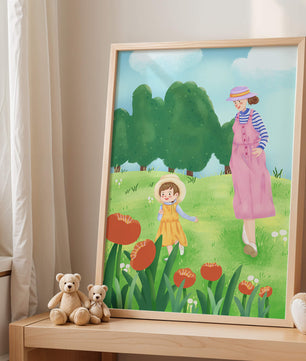 Mother and child in a floral garden under clear skies