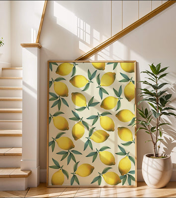 Vibrant lemon pattern with green leaves on a light background