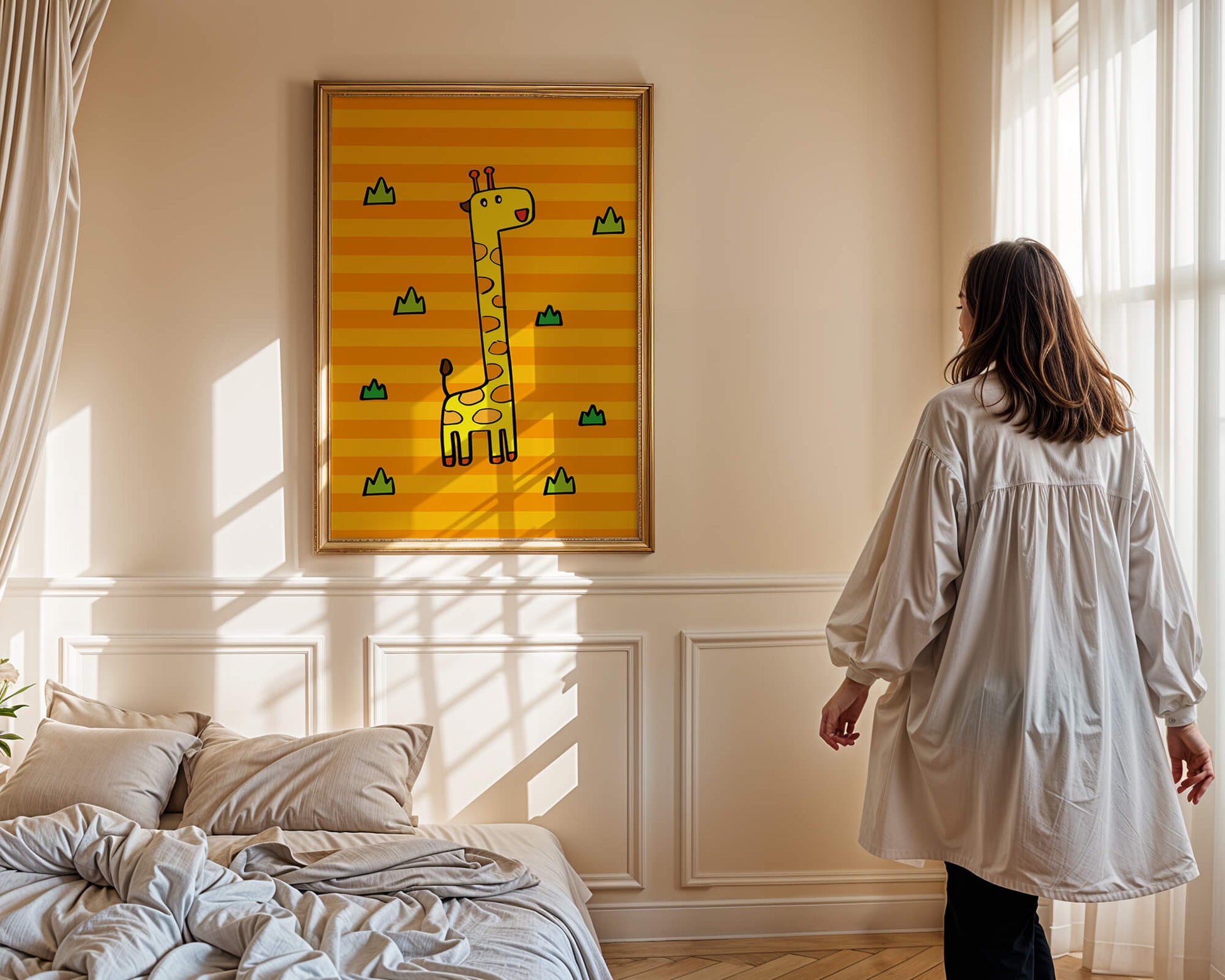 Bright cartoon giraffe illustration on a striped background