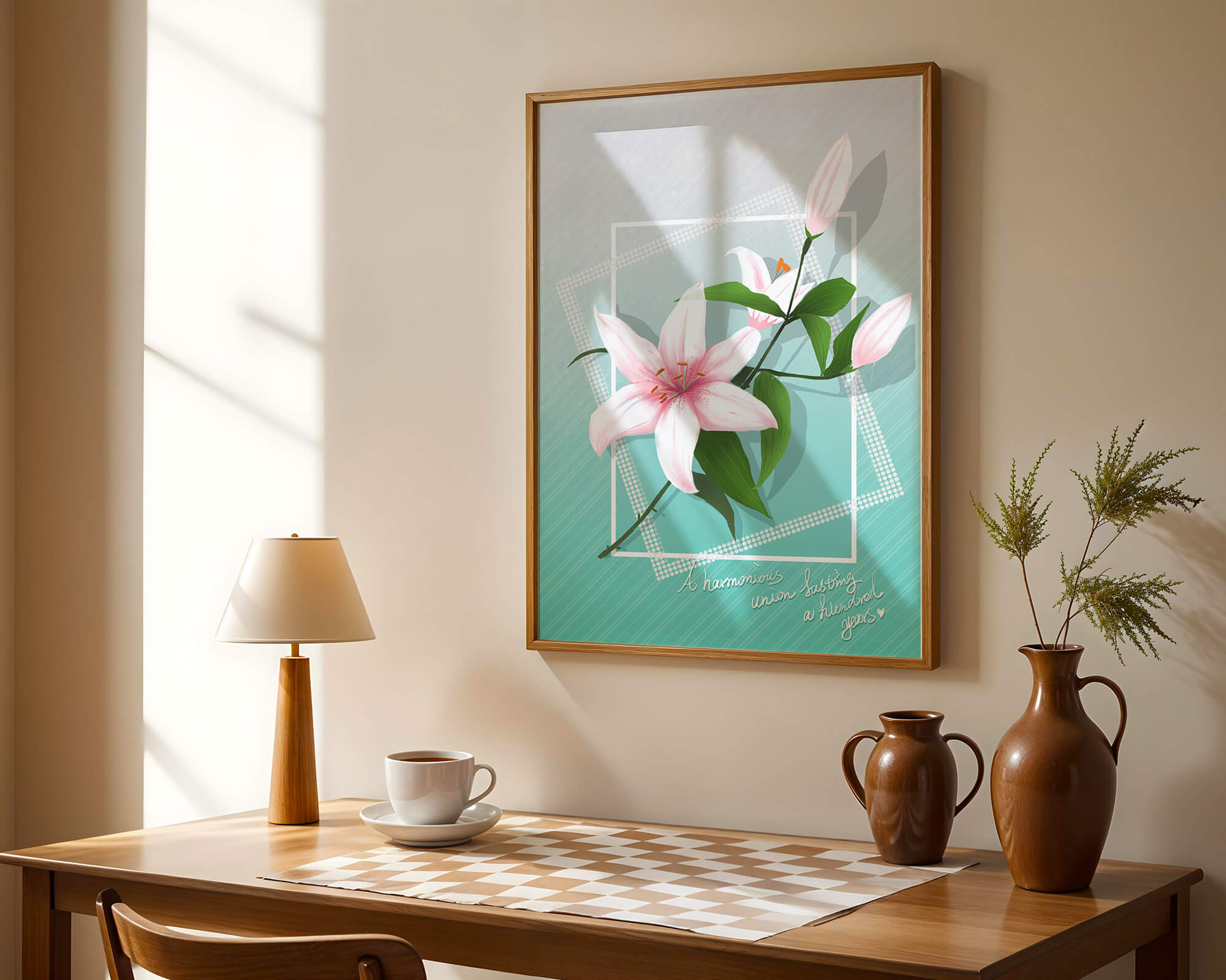 Elegant floral design with pink lilies and modern accents