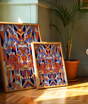 Arte tribal geométrico con colores vibrantes y patrones simétricos