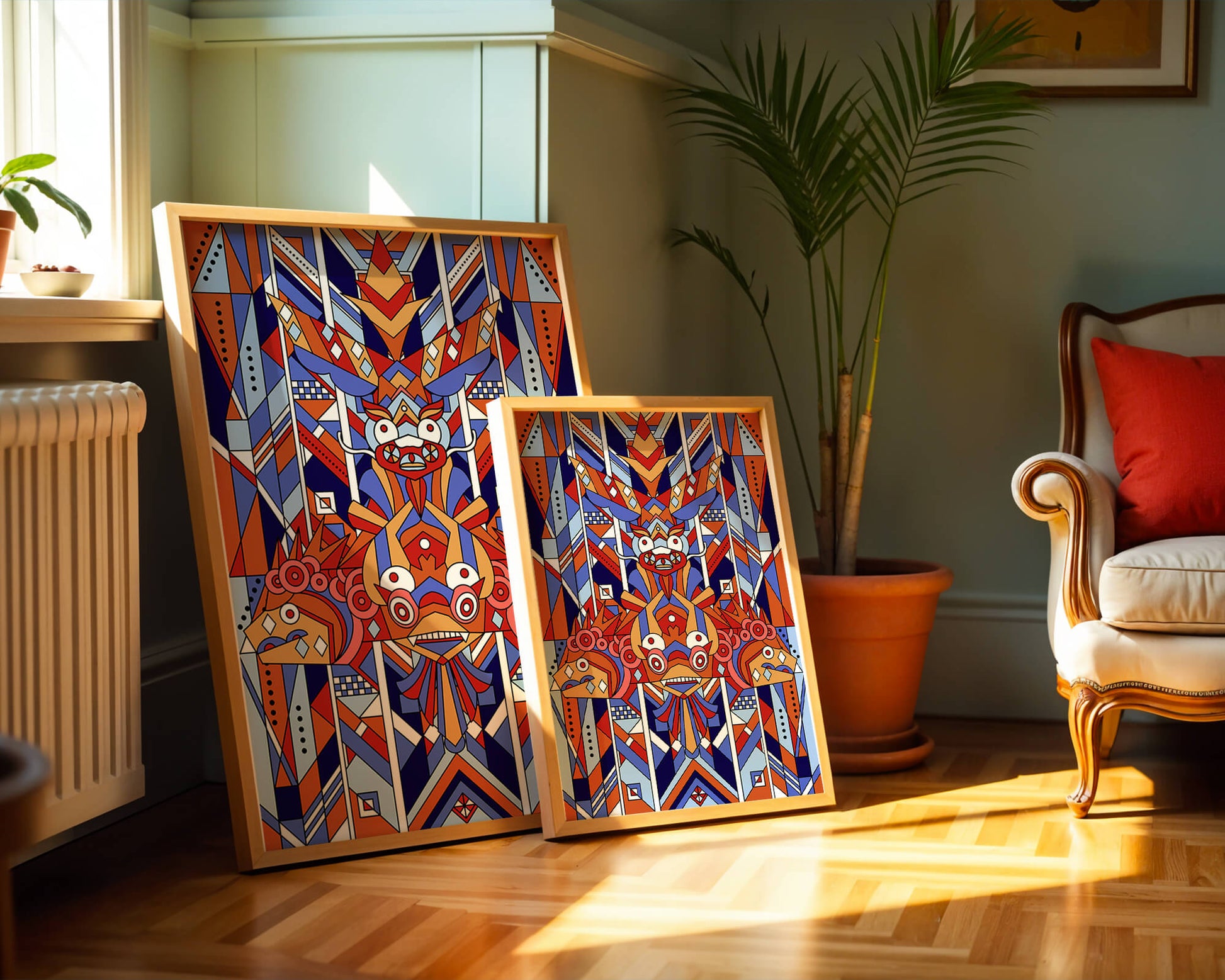 Arte tribal geométrico con colores vibrantes y patrones simétricos