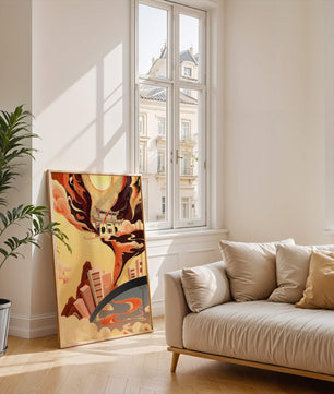 Paysage surréaliste avec une architecture traditionnelle et des éléments flamboyants sous un soleil éclatant