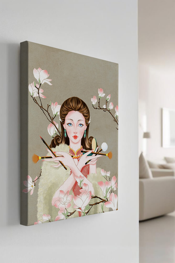 Elegant woman with makeup tools amidst blooming magnolia branches