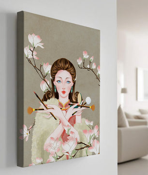 Femme élégante avec des outils de maquillage parmi des branches de magnolia en fleurs