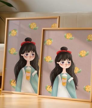 Illustration of a girl with a beverage surrounded by citrus slices