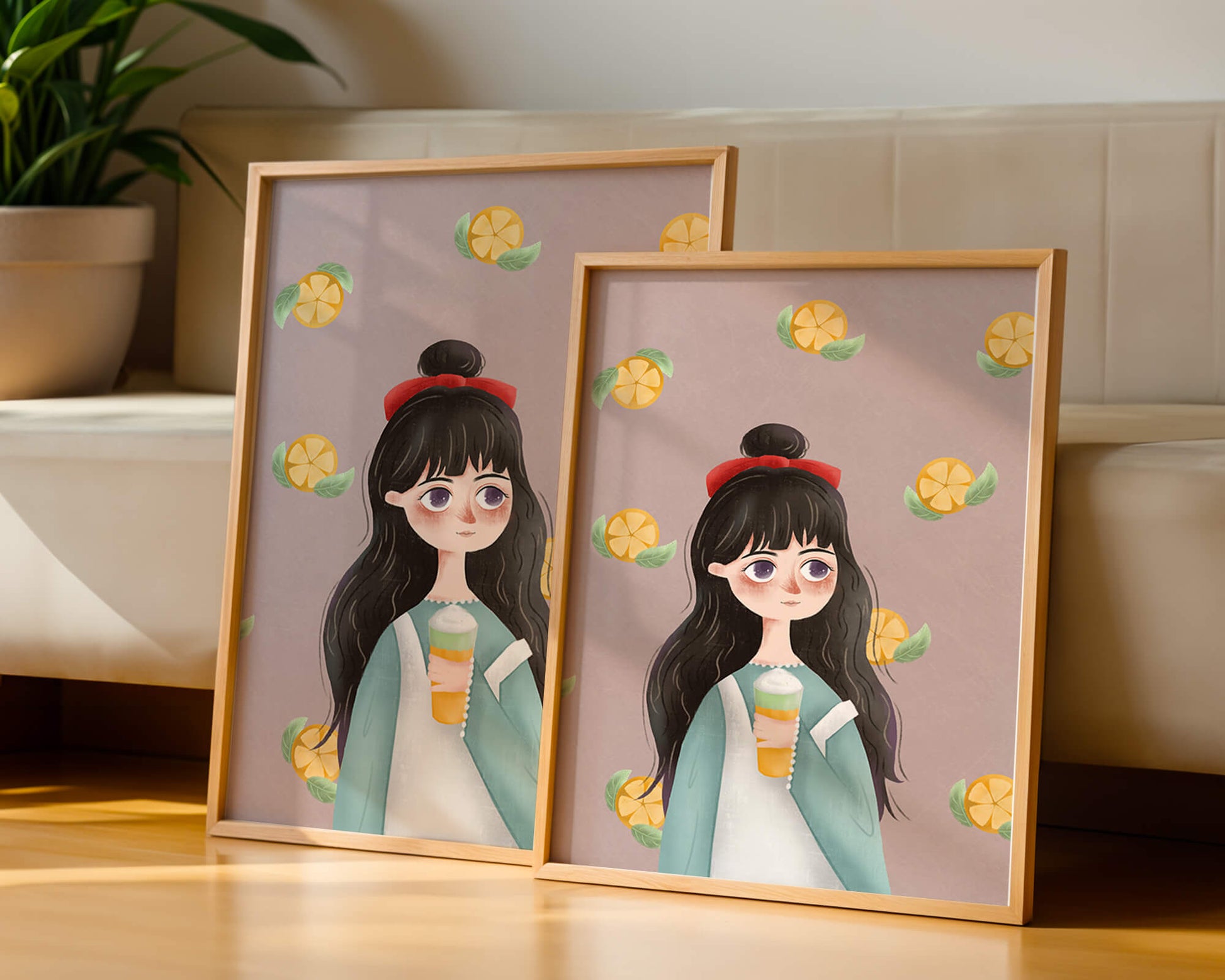 Illustration of a girl with a beverage surrounded by citrus slices
