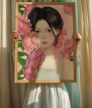 Illustration d'une femme entourée de roses roses