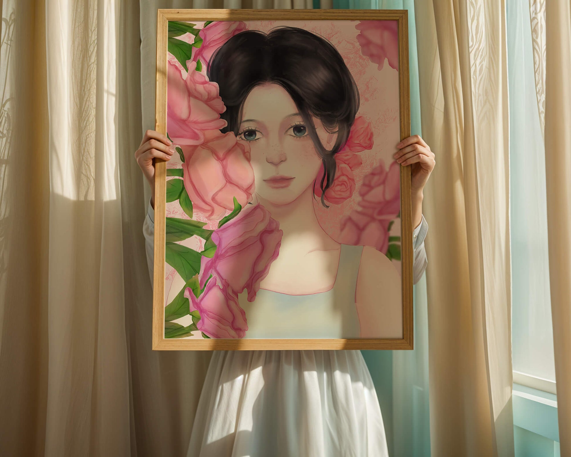 Illustration of a woman surrounded by pink roses