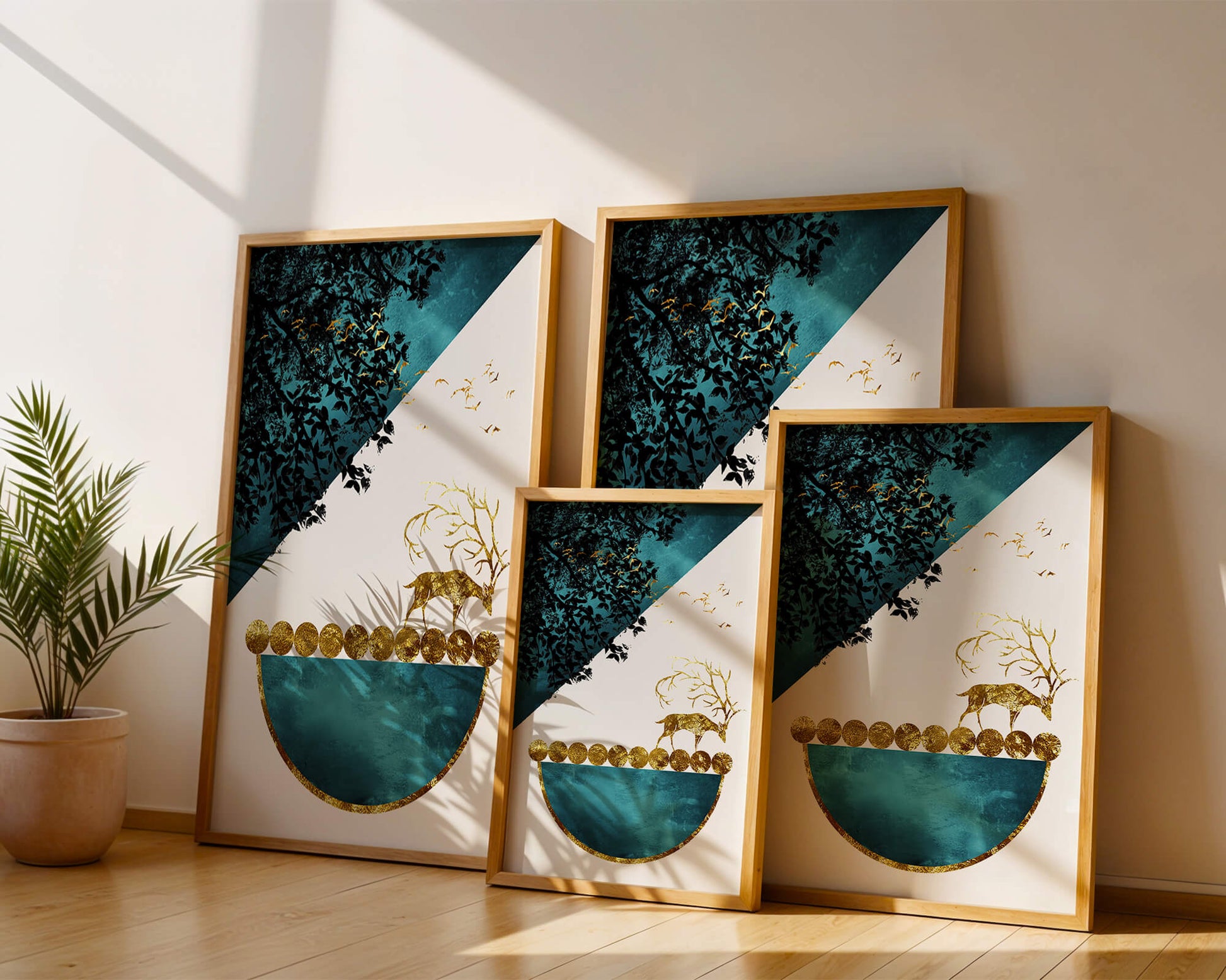 Abstract Deer with Golden Elements in a Mystical Forest Setting