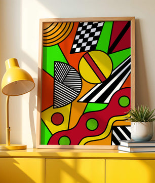 Vibrant geometric abstract artwork with bold colors and shapes