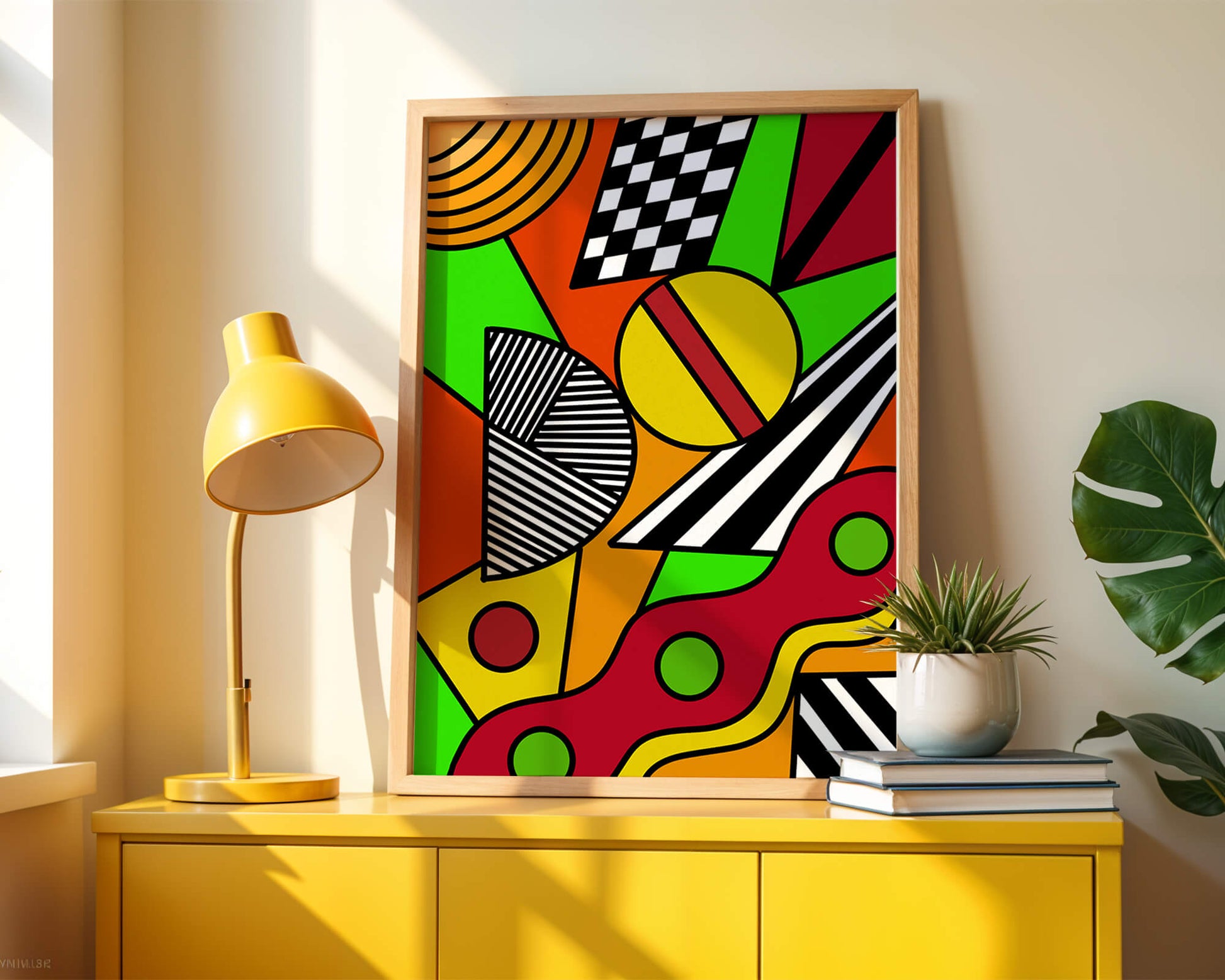 Vibrant geometric abstract artwork with bold colors and shapes