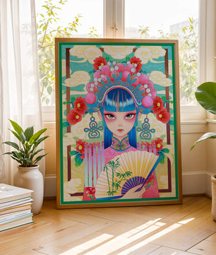 Ilustración elegante inspirada en el arte asiático con tocado elaborado y motivos florales