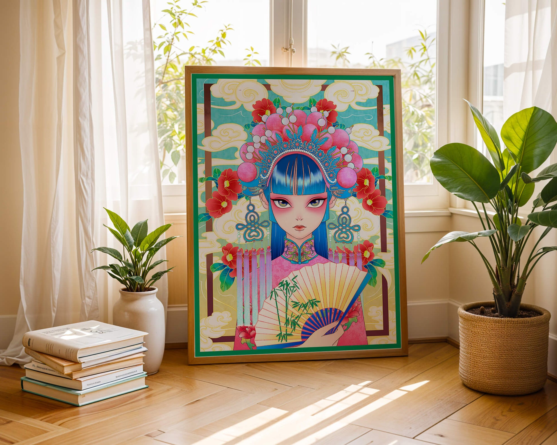 Ilustración elegante inspirada en el arte asiático con tocado elaborado y motivos florales