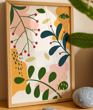 Farbenfrohes abstraktes Blumenmuster mit grünen und gelben Blättern 