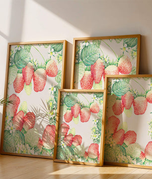 Ilustración de fresas y flores con hojas verdes exuberantes