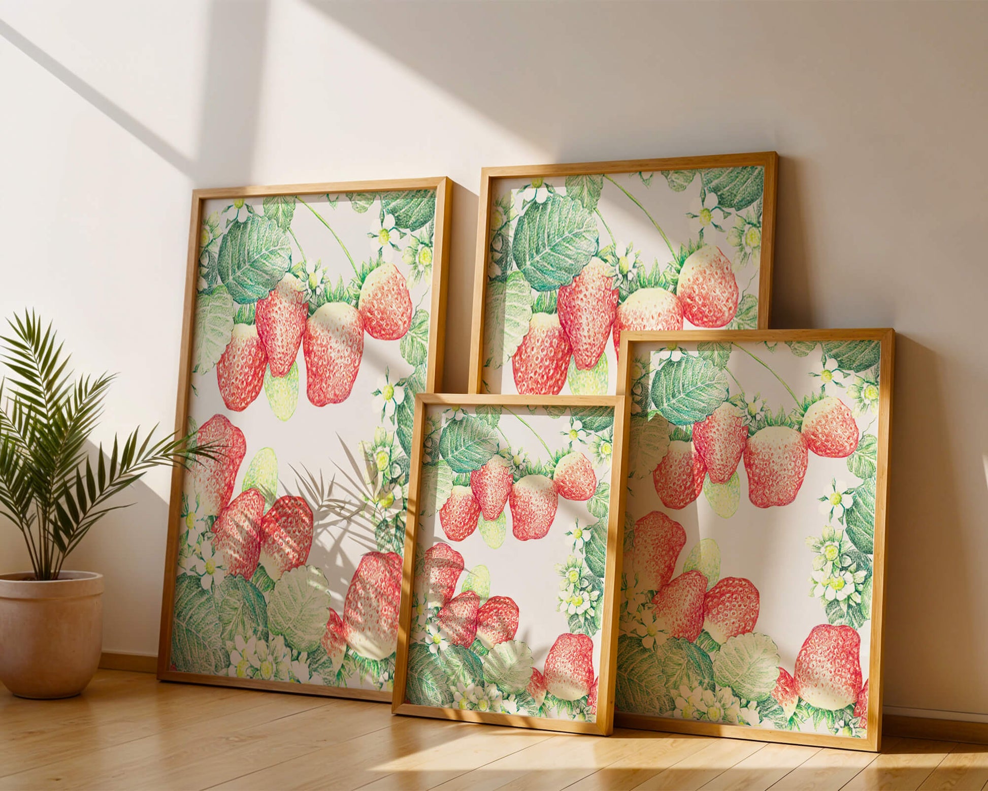 Illustration of strawberries and flowers with lush green leaves