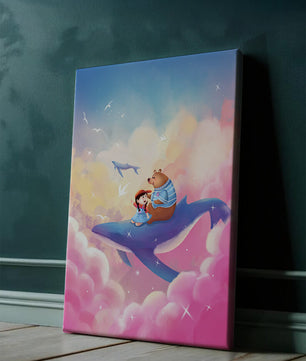 Fantasy illustration of girl and bear riding a whale through colorful clouds