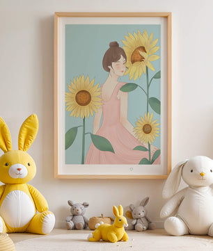 Ilustración de una mujer en un vestido rosa con girasoles