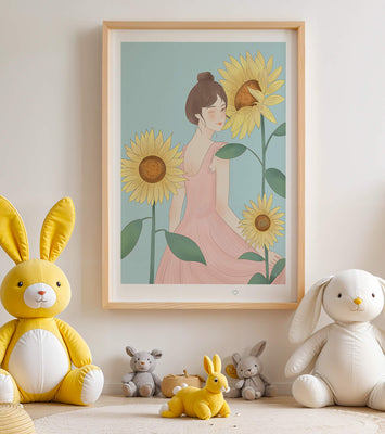 Illustration of a woman in a pink dress with sunflowers