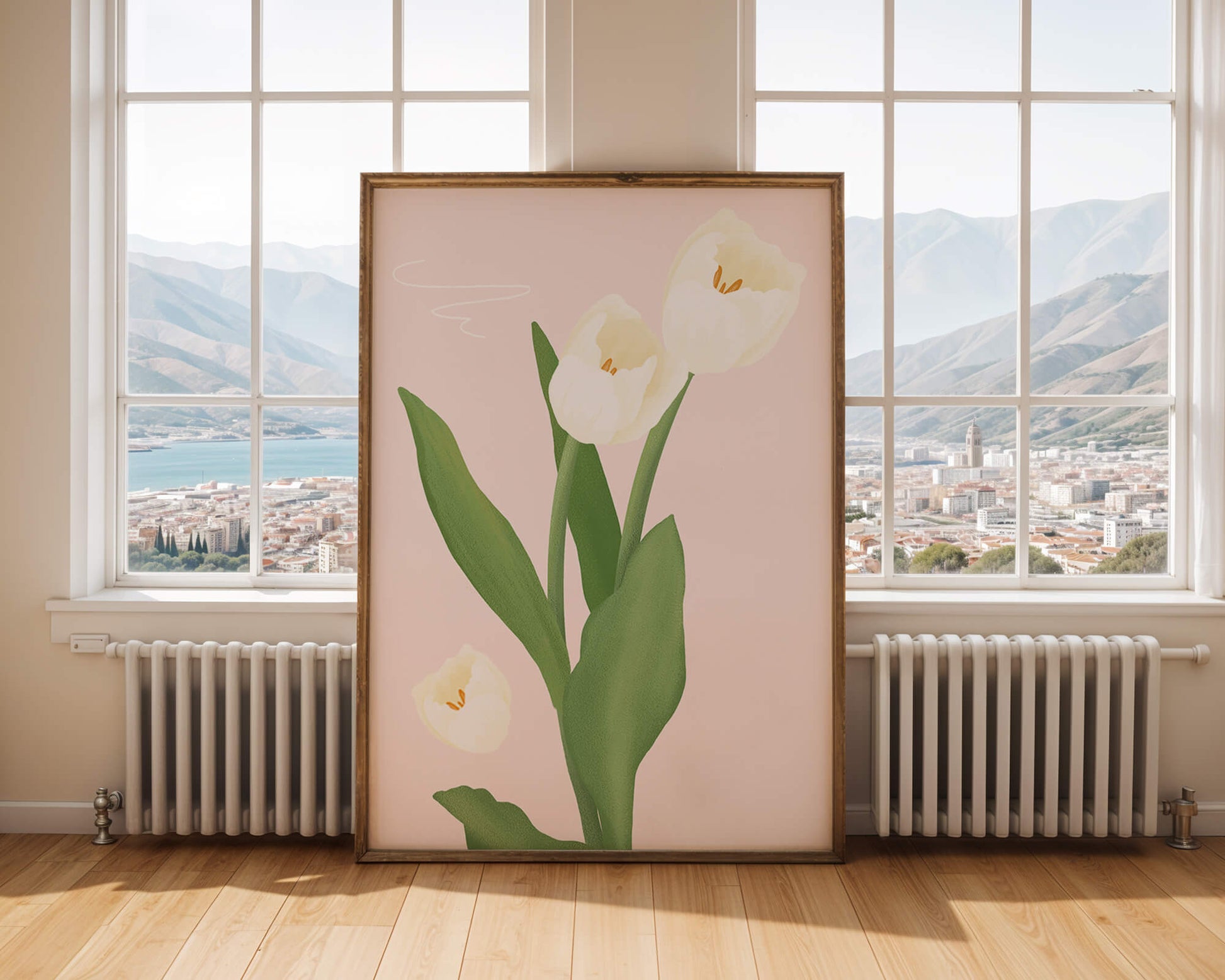 Elegant white tulips illustration on pastel background