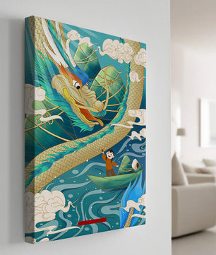 Colorful dragon and child illustration with vibrant waves and clouds