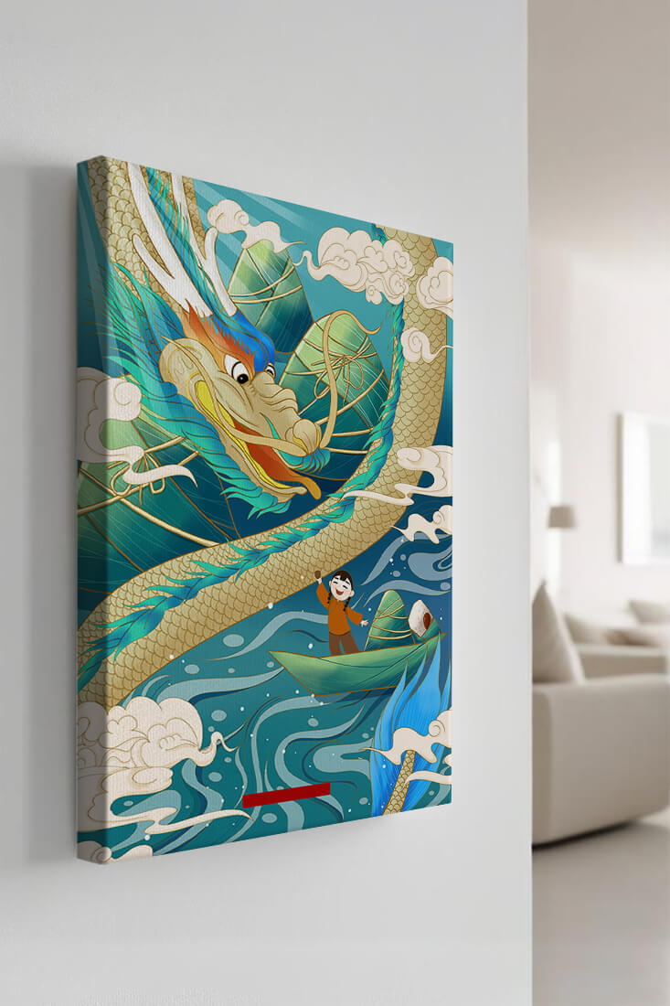 Colorful dragon and child illustration with vibrant waves and clouds