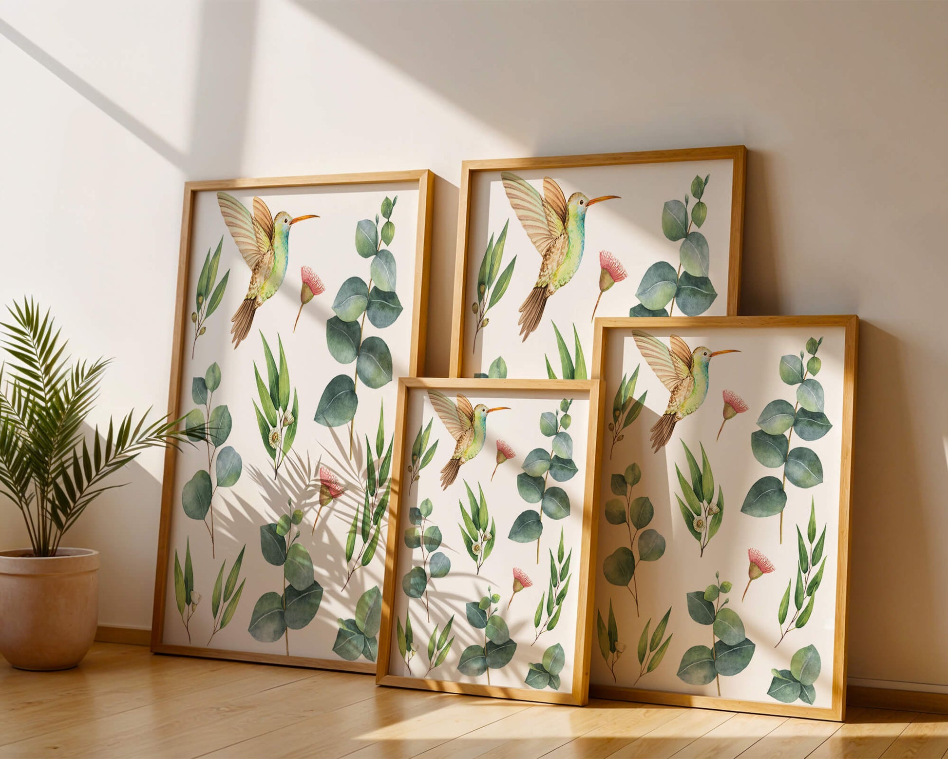 Watercolor hummingbird and eucalyptus leaves illustration