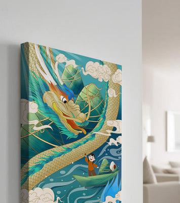 Colorful dragon and child illustration with vibrant waves and clouds