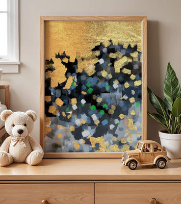 Abstract art with gold and colorful brushstrokes