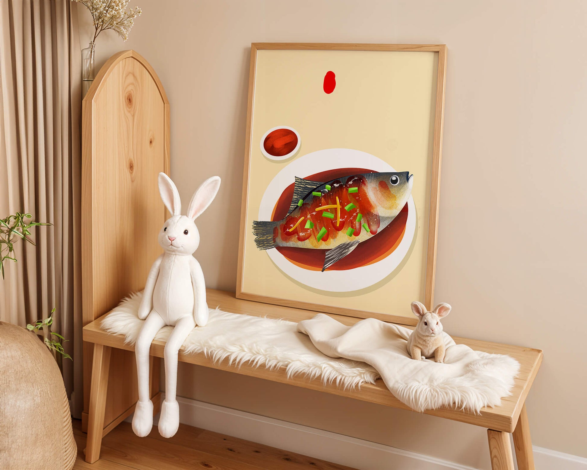 Illustration of a colorful fish dish with garnish