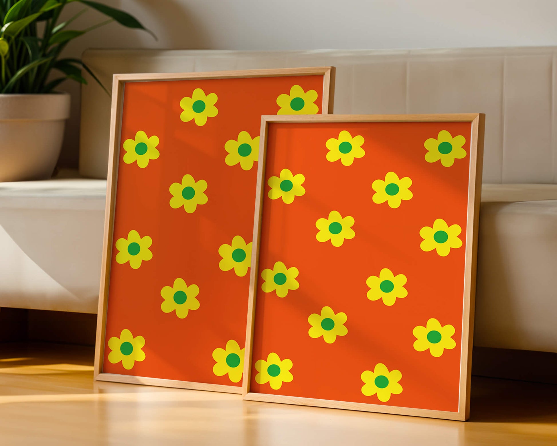Colorful floral pattern with yellow flowers on orange background