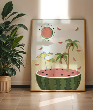 Summer Paradise with Watermelon Sun and Palms in Surreal Landscape