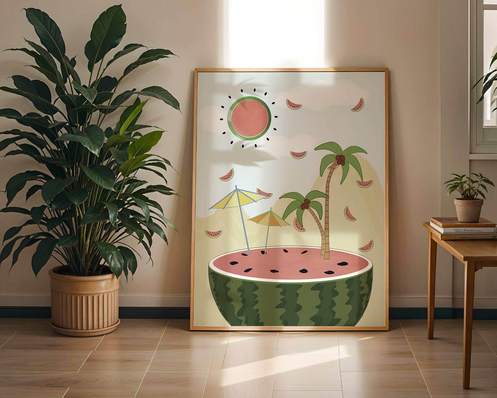 Summer Paradise with Watermelon Sun and Palms in Surreal Landscape