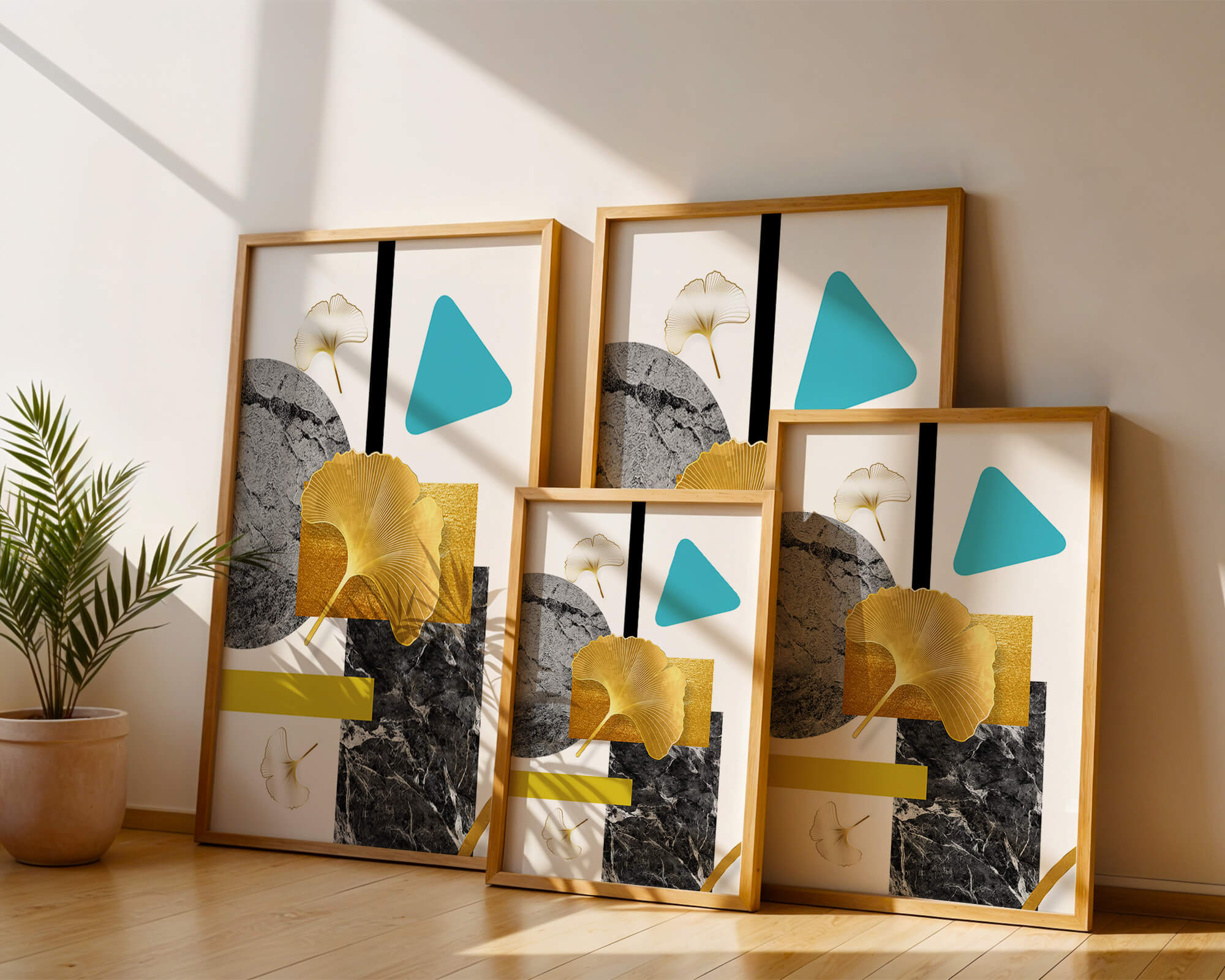 Geometric Abstract Composition with Gold Ginkgo Leaves