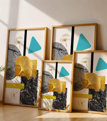 Geometric Abstract Composition with Gold Ginkgo Leaves