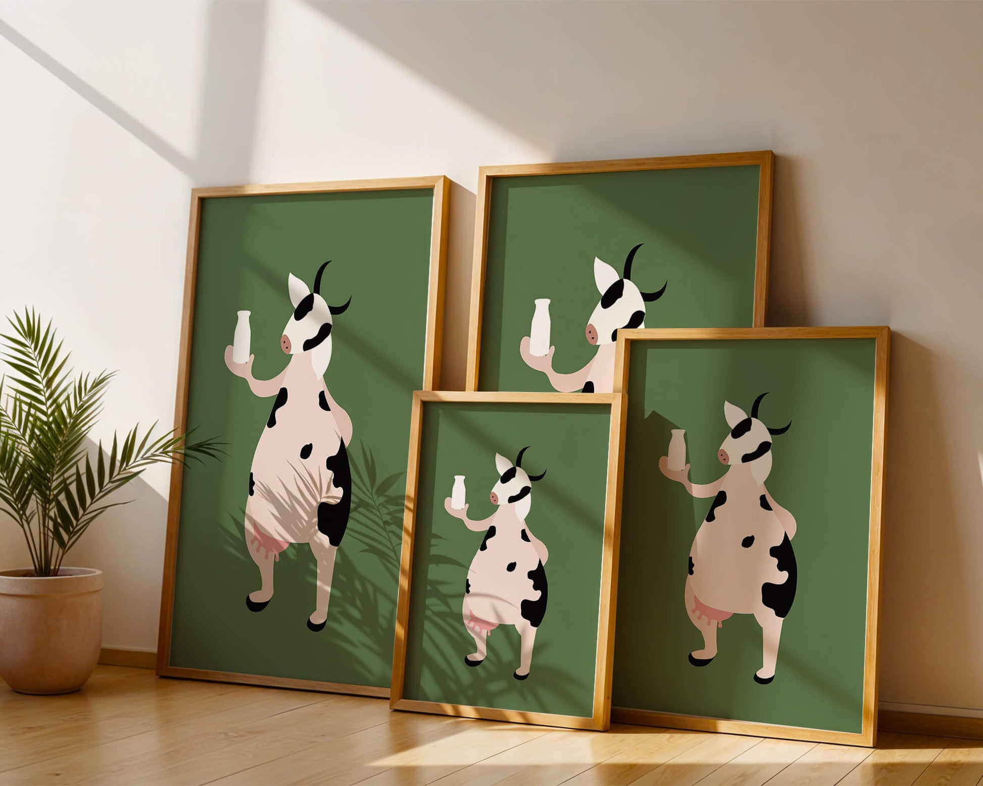 Illustration of anthropomorphic cow holding a milk bottle on green background